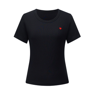 LILY2026夏新款含莱赛尔复古撞色刺绣正肩休闲通勤黑色短袖T恤女