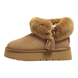 F21獭兔毛牛皮雪地靴女2026新款冬季加绒加厚皮毛一体保暖棉鞋子