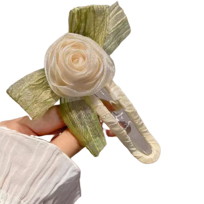 网纱山茶花朵发夹女夏季森系大号鸭嘴夹子发卡后脑勺盘发抓夹头饰