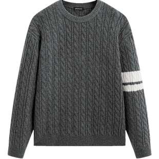 太平鸟男装 2025秋新品绞花磨毛纱撞色条纹毛衫学院老钱休闲毛衣