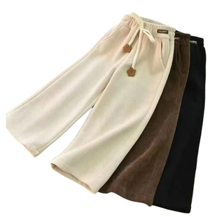 女童加绒加厚一体绒直筒裤中大童阔腿裤秋冬款休闲裤子A咖色米色