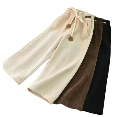 女童加绒加厚一体绒直筒裤中大童阔腿裤秋冬款休闲裤子A咖色米色