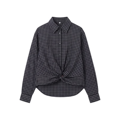 Defined.Z/ZD [茧序] 26春 蓝色格纹套装宽松套头扭结翻领衬衫