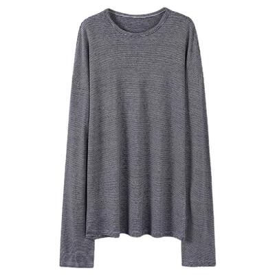 1747 松弛感慵懒随性亚麻条纹海魂衫 宽松圆领中性休闲长袖T恤