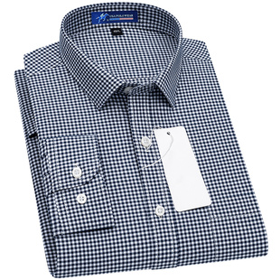 犸球保罗全棉衬衫男款长袖商务休闲蓝白格子中年爸爸男士纯棉衬衣