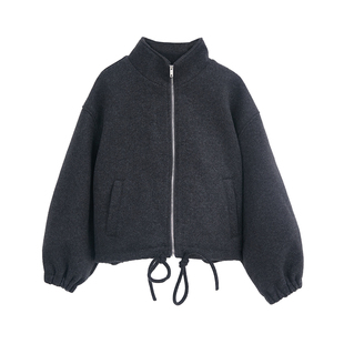 北欧时刻深灰色立领毛呢外套女春季加厚保暖含绵羊毛短款呢子大衣