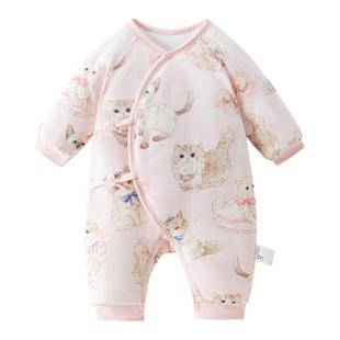 欢喜小熊宝宝冬季蝴蝶衣婴儿夹棉加厚保暖和尚服新生儿抗菌连体衣