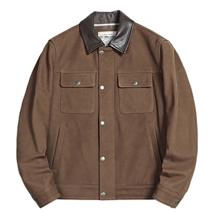 MCS男装源自万宝路秋季复古工装风拼接翻领修身牛皮真皮皮衣外套