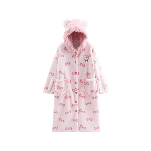 芬腾女士睡袍秋冬季珊瑚绒长袖连帽睡衣甜美休闲加大码家居服冬天