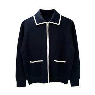 复古老钱风时尚男装休闲翻领毛衣男款冬季高级撞色针织开衫外套男