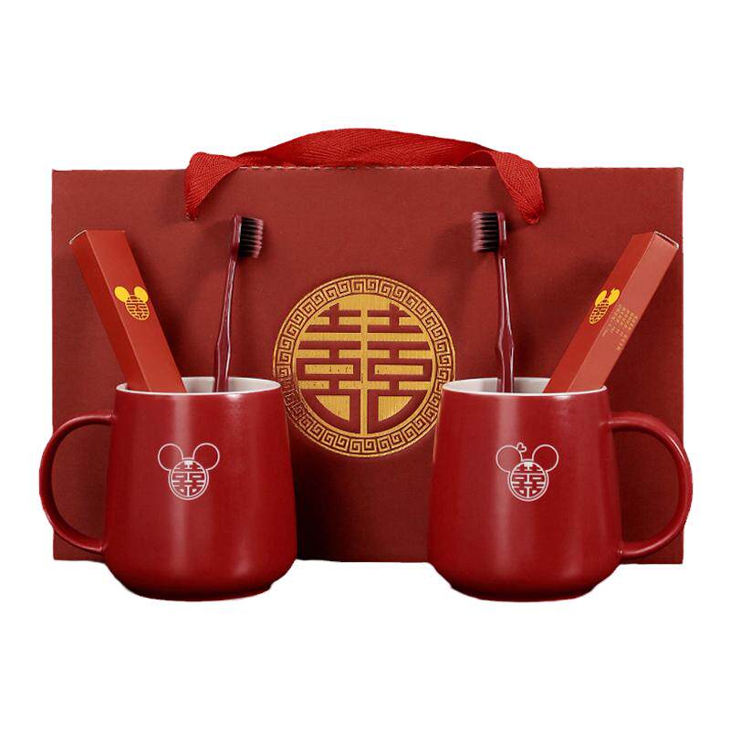 结婚洗漱杯定制牙刷杯套装陪嫁情侣新婚用红色陶瓷漱口杯牙杯一对