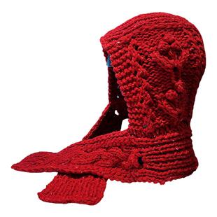 韩国红色巴拉克法帽女秋冬新款手工帽子粗针织毛线帽保暖护耳围脖