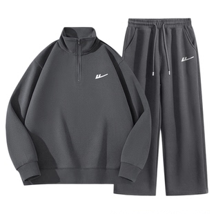 回力休闲套装男秋季灰色卫衣搭配男士直筒裤男生酷帅穿搭一整套K