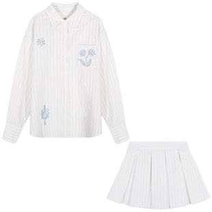 落落狷介 套装裙小个子开春穿搭一整套条纹刺绣两件套衬衫+百褶裙