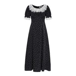 ON＆ON/安乃安夏天约会裙子荷叶边碎花韩版收腰显瘦A字黑色长裙