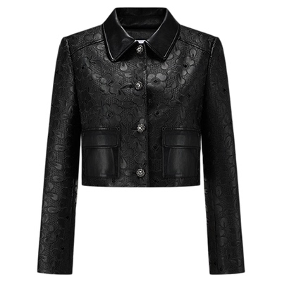 SHROENRO镂空绣花短款皮衣外套