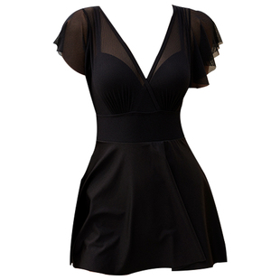 艾慕狐黑色连体泳衣裙式游泳衣女防晒遮肚显瘦泳衣泡温泉泳装