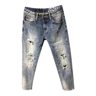 破洞牛仔裤男直筒微宽松春季高端复古怀旧浅蓝色刮烂补丁乞丐长裤