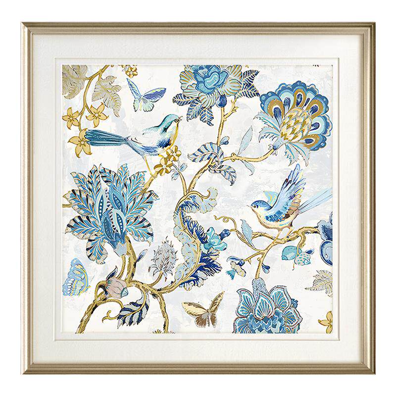 现代美式复古蓝花与鸟装饰画
