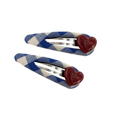 法式蓝格纹红色爱心发夹女小众