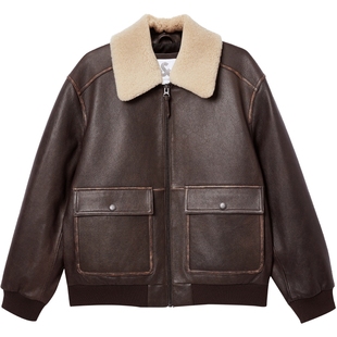 杰克琼斯男装2025年冬季新款皮衣美式复古可拆卸毛领夹克外套