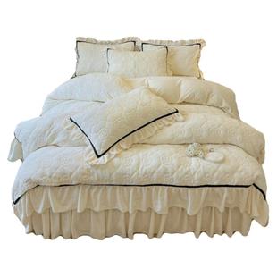 公主风玫瑰雕花牛奶绒夹棉四件套冬季高档被套珊瑚绒床裙床盖床品