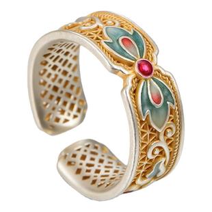 吴越老银铺足银9999双叶莲戒指纯银珐琅彩戒指新中式国风送朋友