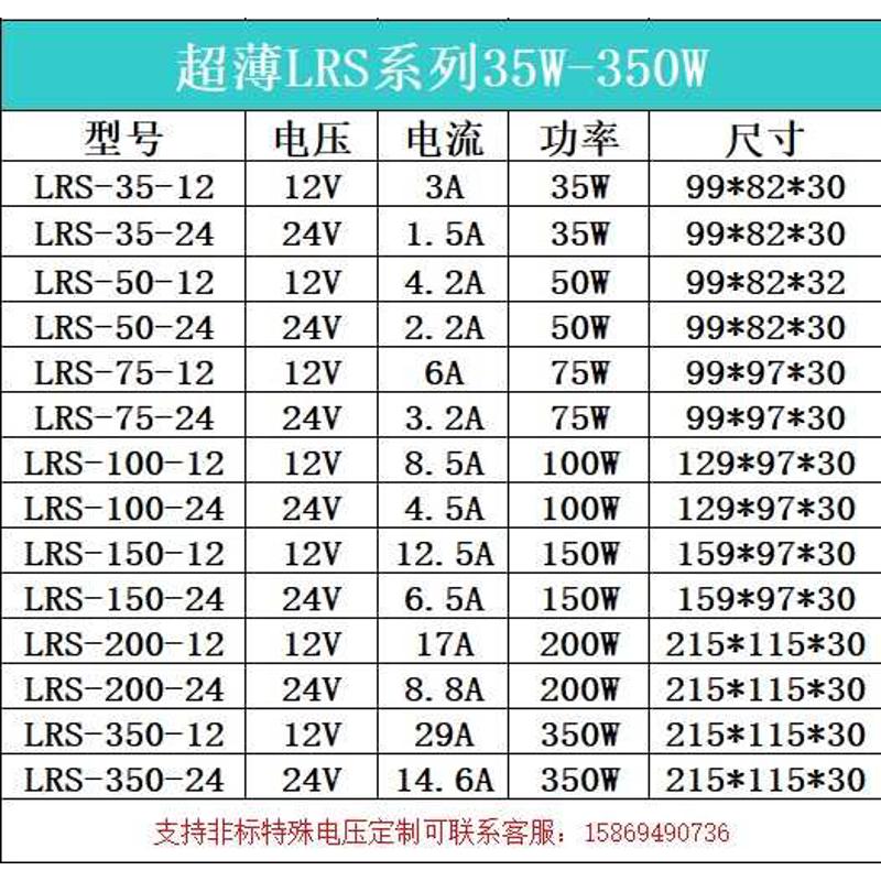 超薄LRS-35/50/75/100/150/200/350W 220V转直流 24V 12V开关电源