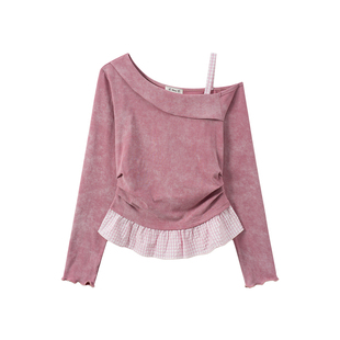 奶油的宇宙 格纹荷叶边粉色扎染斜肩长袖T恤女早秋甜酷收腰短上衣