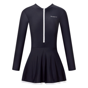 AquaPlay安泊来泳衣女连体露背长袖保守裙式海边度假黑色遮肚显瘦
