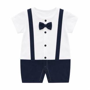 新生婴儿连体衣夏季短袖纯棉薄空调服哈衣爬服满月白天礼服男宝宝