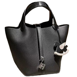 Touch小号菜篮子18CM女士手提包休闲TC皮拼鳄鱼皮水桶包简约黑色