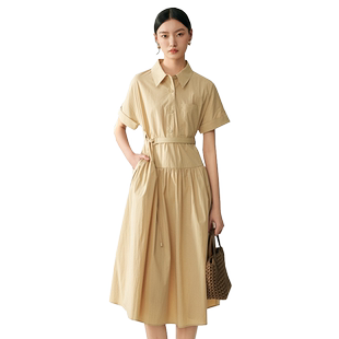 MOFAN摩凡夏装新款优雅卡其色衬衫裙夏小翻领显瘦连衣裙