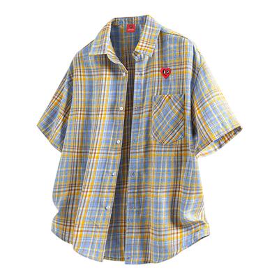 查尔斯桃心格子条纹短袖衬衫男