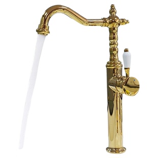 Caratiff锆金色黄铜台上盆冷热水龙头岛台欧式洗脸盆出水管可转动