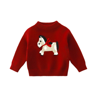 男童秋冬款红色喜庆毛衣2025新款儿童毛线衣女童马年新年打底衫潮