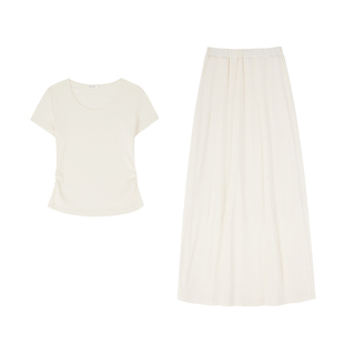 「MISAZ」松弛私服 两色版本 捏褶收腰大U领短袖+松紧腰针织伞裙