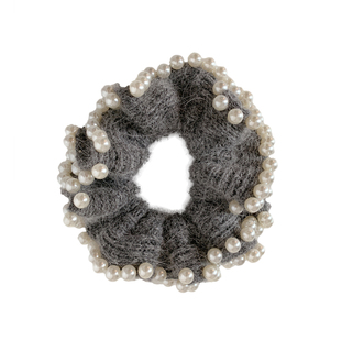 旧梦芳星~韩系灰色兔毛珍珠针织大肠发圈女高级感丸子头发饰头绳