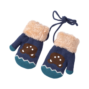 手套儿童冬季男宝宝小熊连指套婴儿挂脖加绒加厚男童户外保暖手套