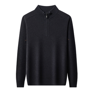 罗蒙男装秋冬厚款中老年男士半高领纯山羊绒针织衫拉链套头毛衣男