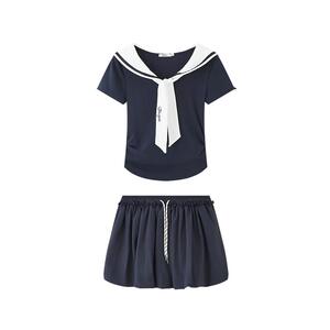 三福女套装2026夏季新款绑带短袖抽绳松紧腰短裙两件套女装524535