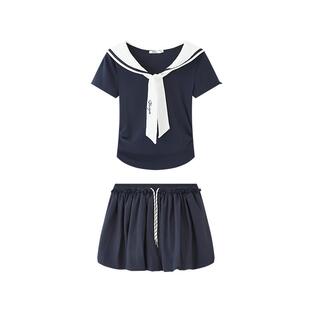 三福女套装2026夏季新款绑带短袖抽绳松紧腰短裙两件套女装524535