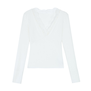 pusumede 时髦精Vibe 气质蕾丝拼接长袖T恤女设计感修身针织上衣