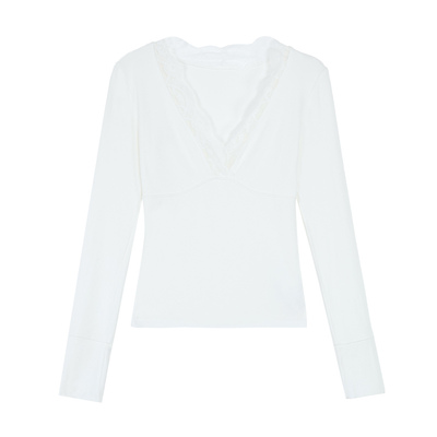 pusumede 时髦精Vibe 气质蕾丝拼接长袖T恤女设计感修身针织上衣