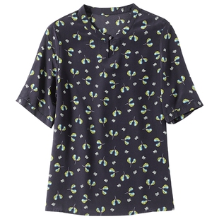 杭州双绉真丝衬衫女短袖春夏新款大码印花桑蚕丝上衣洋气妈妈小衫