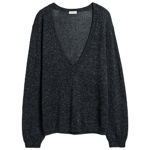 322WORKHOUSE黑色深v针织衫上衣女2025新款早秋宽松微透罩衫B743