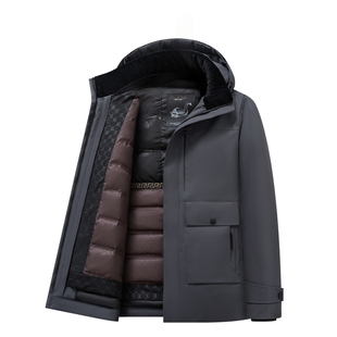 鸭鸭男士中老年羽绒服中长款可拆卸内胆狐狸毛领白鹅绒爸爸装外套