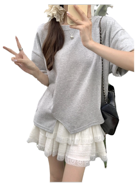 法式复古不规则开叉短袖T恤女