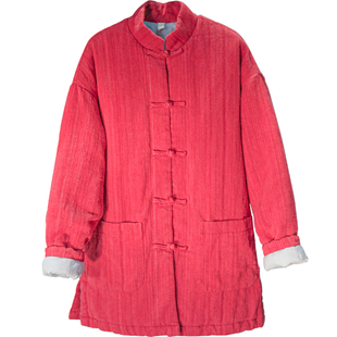 古石后原创布衣棉服女冬季棉麻土布红色复古中式对襟加厚外套棉袄