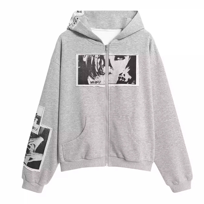 NECOYEP 美式复古人像印花贴布连帽卫衣男女宽松休闲百搭帽衫外套